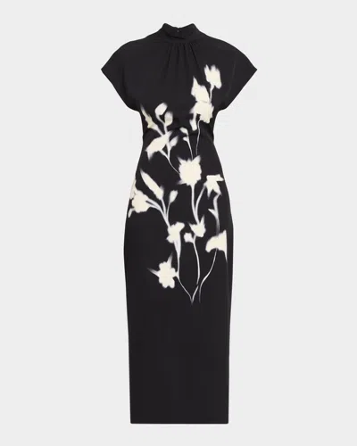 Lela Rose Mock-neck Floral Crepe Stretch Midi Dress In Black
