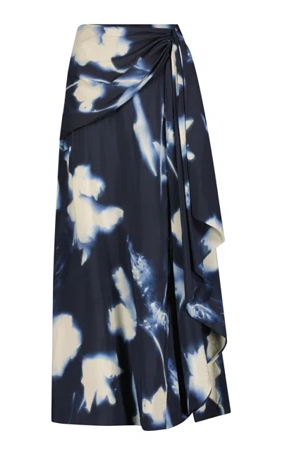 Lela Rose Abstract Floral Cascade Ruffle Crepe Skirt In Blue