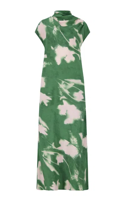 Lela Rose Abstract Floral Draped Asymmetric Crepe Gown In Green