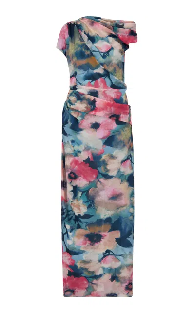 Lela Rose Abstract Floral Draped Asymmetric One-shoulder Chiffon Gown In Multi