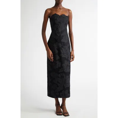 Lela Rose Natasha Strapless Floral-embroidered Midi Dress In Black