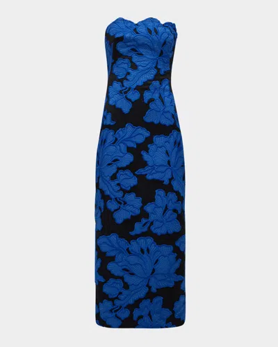 Lela Rose Natasha Strapless Floral-embroidered Midi Dress In Cornflower