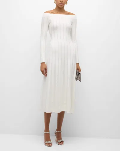 Lela Rose Off-the-shoulder Long-sleeve Pointelle Knit Godet Maxi Dress In Ivory