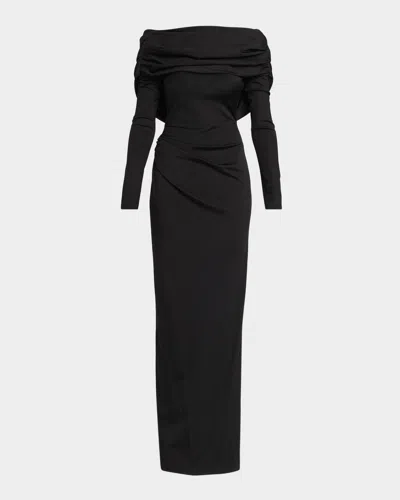 Lela Rose Off-the-shoulder Satin Jersey Draped Backless Gown In Black