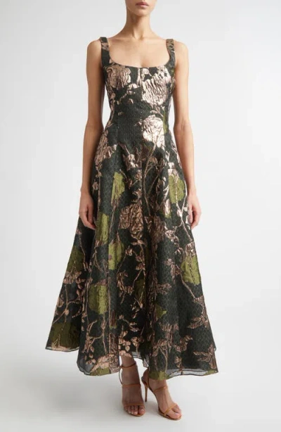 Lela Rose Olivia Floral Metallic Fil Coupé Fit & Flare Gown In Brown