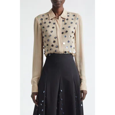 Lela Rose Paillette Embroidered Georgette Button-up Shirt In Neutral