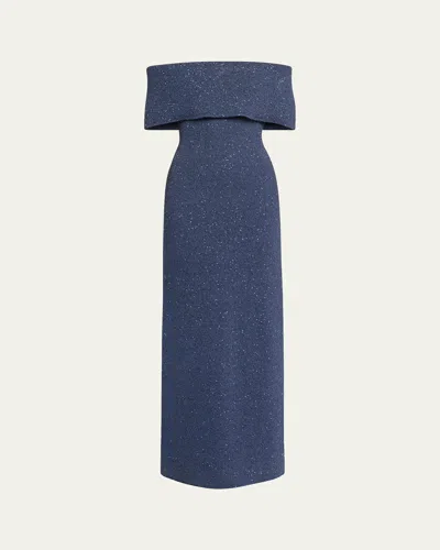Lela Rose Paillette Knit Off-the-shoulder Gown In Navy