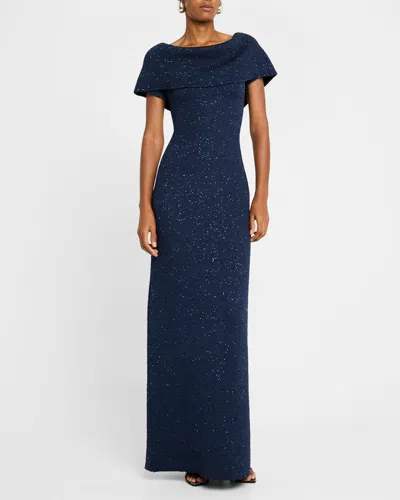 Lela Rose Paillette Knit Off-the-shoulder Gown In Navy