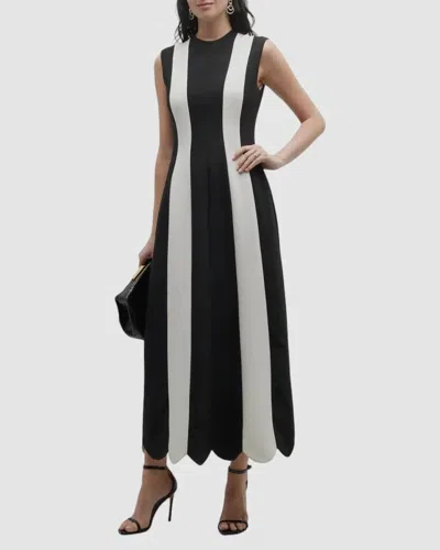 Lela Rose Paneled Scallop Hem Midi Dress In Black/white In Multi