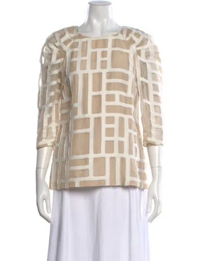 Pre-owned Lela Rose Patterned Crew Neck Blouse In Neutral