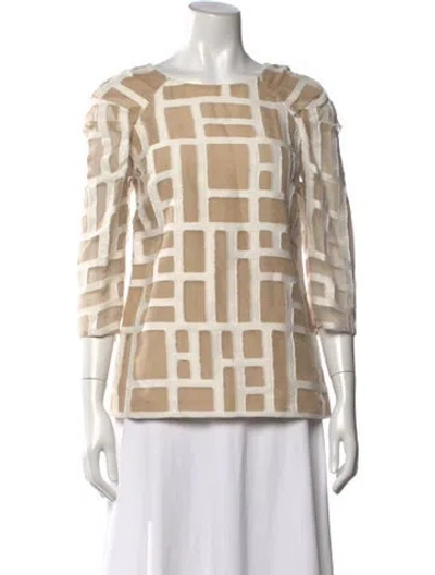 Pre-owned Lela Rose Patterned Crew Neck Blouse In Neutral