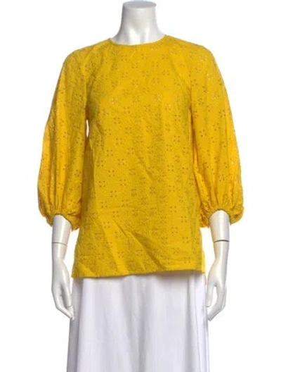 Pre-owned Lela Rose Patterned Crew Neck Blouse In Yellow