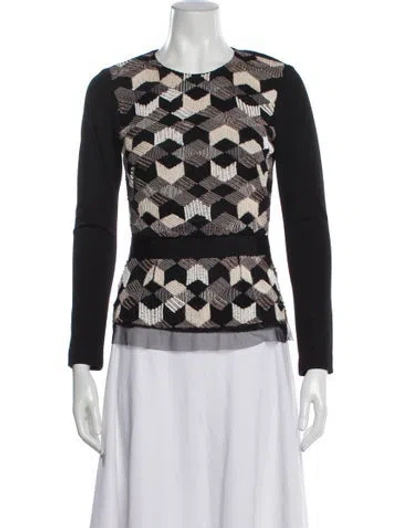 Pre-owned Lela Rose Patterned Crew Neck Top In Black