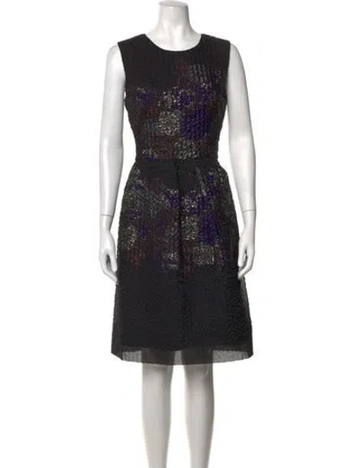 Pre-owned Lela Rose Patterned Knee-length Dress In Black/blue/metallic