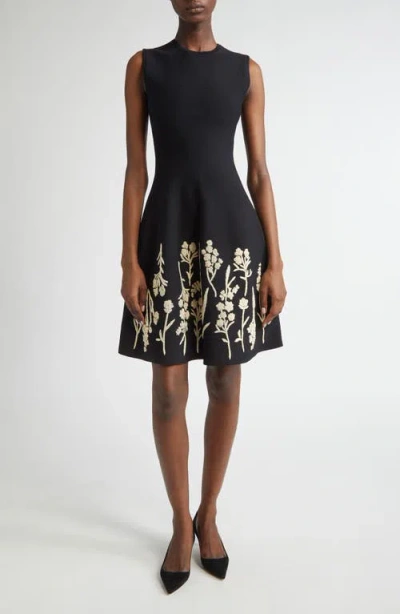 Lela Rose Penelope Floral Raffia Embroidered Knit Fit & Flare Dress In Black