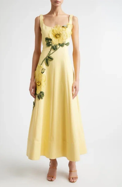 Lela Rose Peony Embroidered Appliqué Stretch Sateen Dress In Yellow