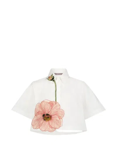 Lela Rose Peony Embroidered Crop Shirt In White