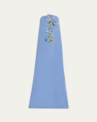 Lela Rose Peony Embroidered Strapless Crepe Gown In Blue
