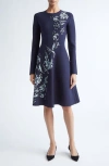 Lela Rose Peony Metallic Jacquard Long Sleeve Fit & Flare Dress In Blue