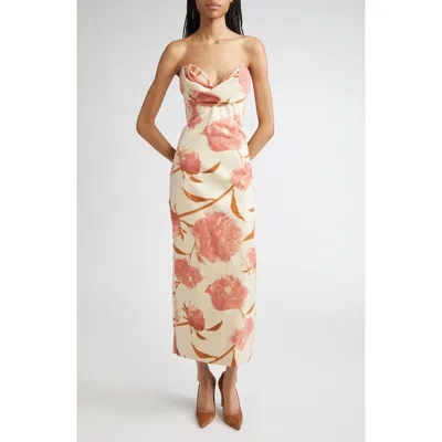 LELA ROSE LELA ROSE PEONY PRINT DRAPED COTTON STRAPLESS DRESS