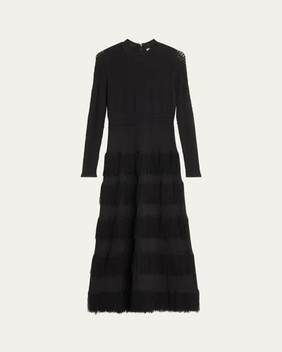 Lela Rose Piper Tiered Fringe Pointelle-knit Maxi Dress In Black