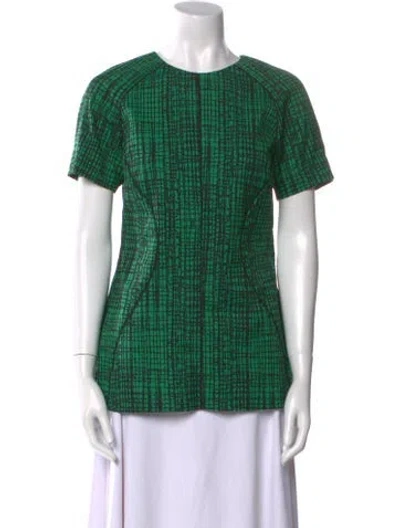 Pre-owned Lela Rose Plaid Print Crew Neck T-shirt In Green