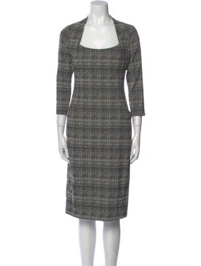 Pre-owned Lela Rose Plaid Print Midi Length Dress In Brown