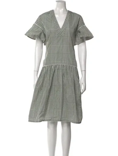Pre-owned Lela Rose Plaid Print Midi Length Dress In Green