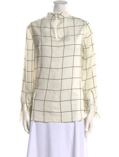 Pre-owned Lela Rose Plaid Print Mock Neck Button-up Top In Neutral