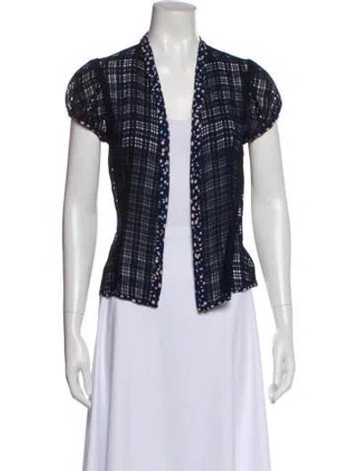 Pre-owned Lela Rose Plaid Print Short Sleeve Top In Blue