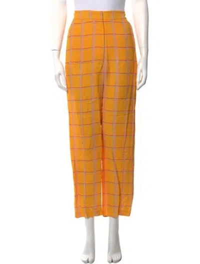 Pre-owned Lela Rose Plaid Print Straight Leg Pants In Yellow