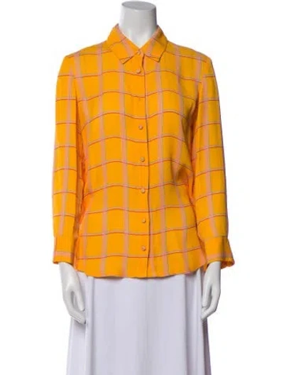 Pre-owned Lela Rose Plaid Print Three-quarter Sleeve Button-up Top In Yellow