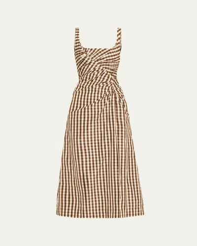 Lela Rose Plaid Taffeta Ruched Sleeveless Midi Dress In Walnut