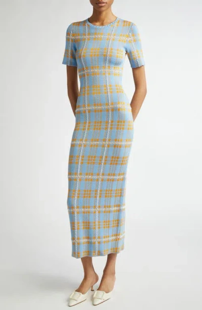 Lela Rose Plaid Whipstitch Trim Midi Sheath Dress In Powder Blue