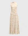 Lela Rose Pleated Floral Striped Jacquard Mock-neck Sleeveless Midi Dress In Beige