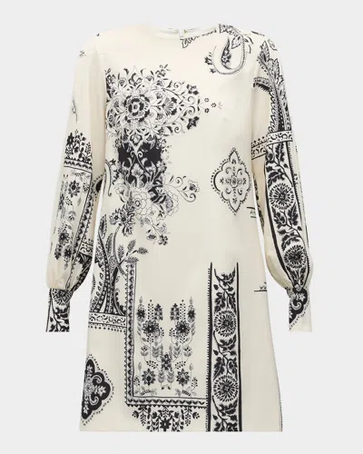 Lela Rose Pleated Long-sleeve Mini Shift Dress In Ivory