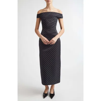 Lela Rose Polka Dot Jacquard Off The Shoulder Column Dress In Black