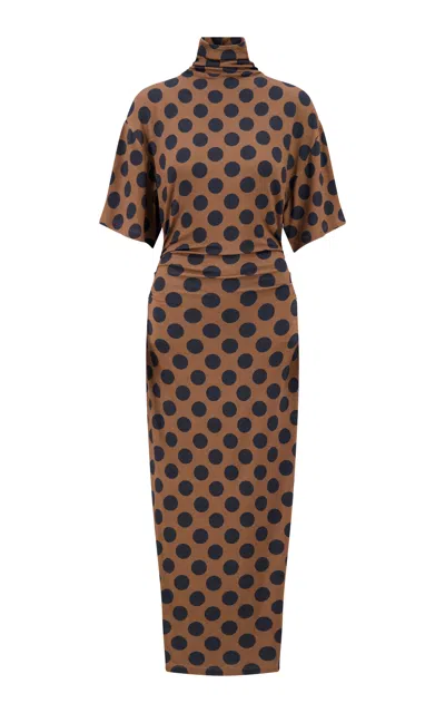 Lela Rose Polka Dot Jersey Turtleneck Dress In Brown