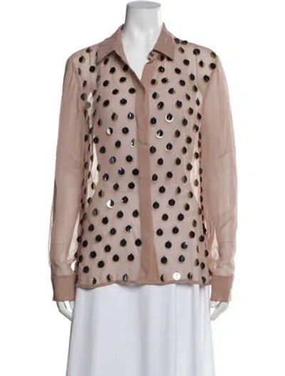 Pre-owned Lela Rose Polka Dot Print Long Sleeve Blouse In Pink