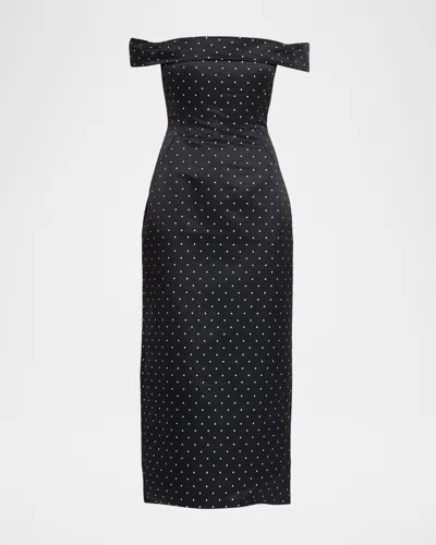 Lela Rose Polka-dot Jacquard Off-the-shoulder Midi Dress In Black