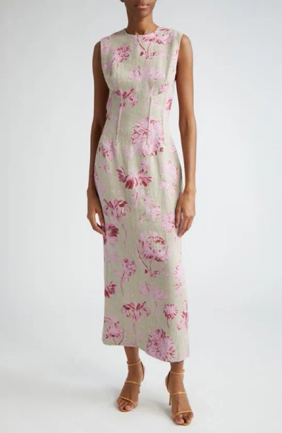 Lela Rose Pressed Flower Print Linen Column Dress In Pink