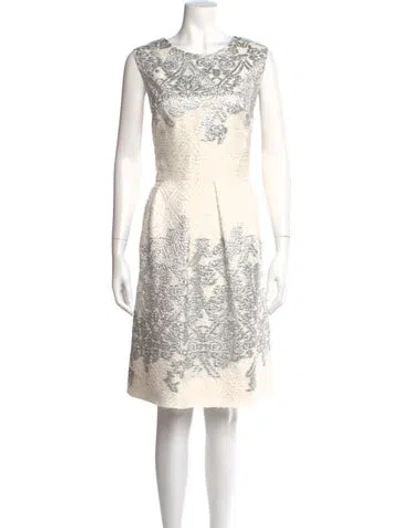 Pre-owned Lela Rose Printed Knee-length Dress In White