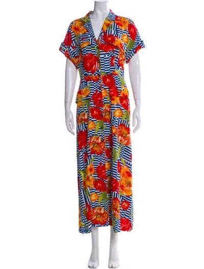 Pre-owned Lela Rose Printed Long Dress In Blue
