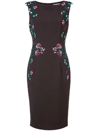 Lela Rose Purple Floral Embroidered Auburn Sheath Midi Dress In Gray