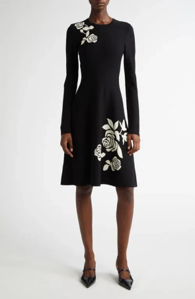 Lela Rose Rose Jacquard Long Sleeve Sweater Dress In Black