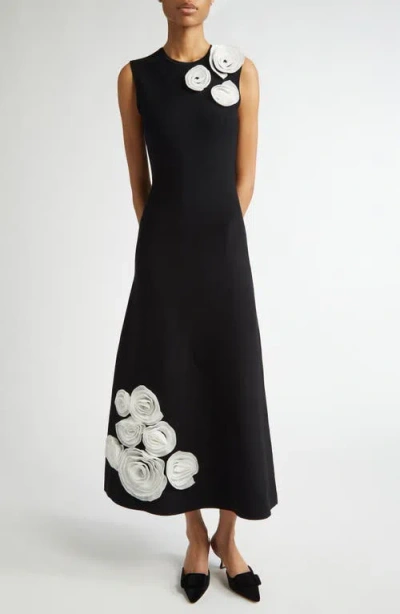 Lela Rose Rosette Embellished Sleeveless Milano Knit Dress In Black