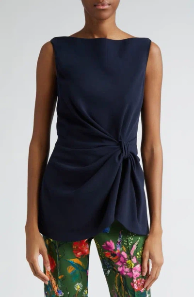 Lela Rose Ruched Bateau Neck Stretch Crepe Top In Navy