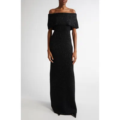 Lela Rose Sequin Off The Shoulder Knit Gown In Black