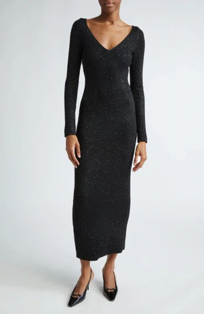 Lela Rose Sequin V-neck Long Sleeve Sweater Dress In Black