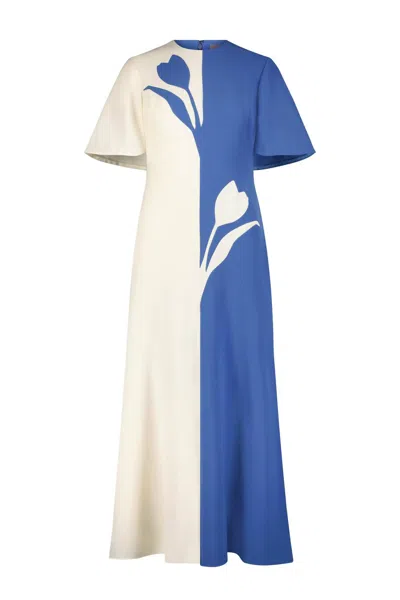 Lela Rose Short Sleeve A-line Dress In Cream/cornflower In Multi